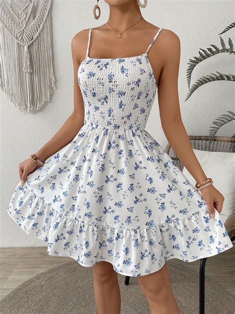 Women Floral Printed Spaghetti Strap Ruffle Hem Mini Dress With Smocked ...