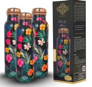 IndianArtVilla Copper water Bottle In Black Colourful Floral Design ...