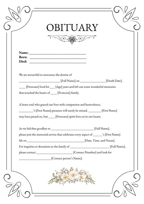Free Printable Obituary Template: Simple & Elegant - Printables for ...