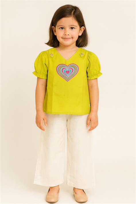 Green Embroidered Top & Cream Pants Set for Girls – Outfit – Inayah Fashion