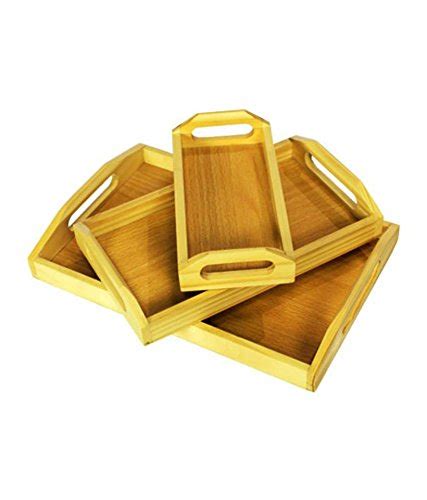 Arham Pine Wood Well Finished Serving Tray Set Of 3 Trays With Handle ...