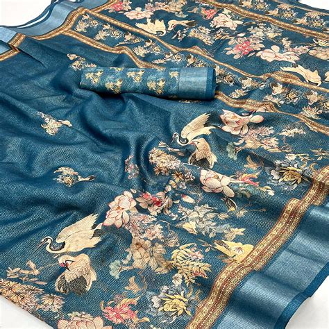 Blue Floral Digital Printed Cotton Blend Weaving Zari Saree With Tasse