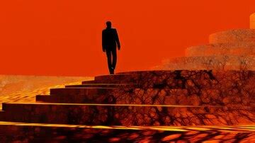 Apocalyptic art a man walking on the golden stairway towards an orange ...