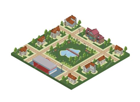 Mapa izometryczna małego miasteczka lub wioski. Domy prywatne, drzewa i ...