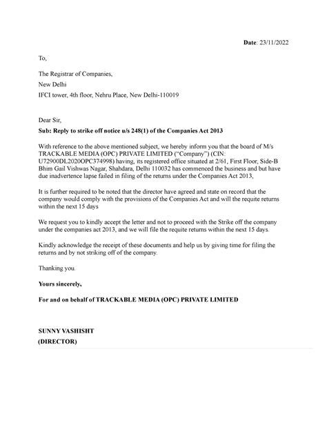 Reply of strike off after notice received - Date: 23/11/ To, The ...