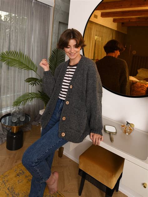 Gray Wool Cardigan With Buttons and Deep Pockets, Dark Grey Oversized ...