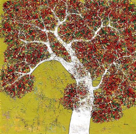 "Treescape 101": Yellow Acrylic Painting by Bhaskar Rao – ArtZolo.com