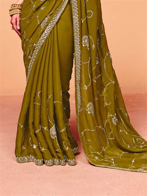 Olive Green Satin Silk Designer Saree – Vasumatis