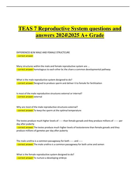 TEAS 7 Reproductive System Questions and Answers | Latest Version 2024/2025 | Correct & Verified ...