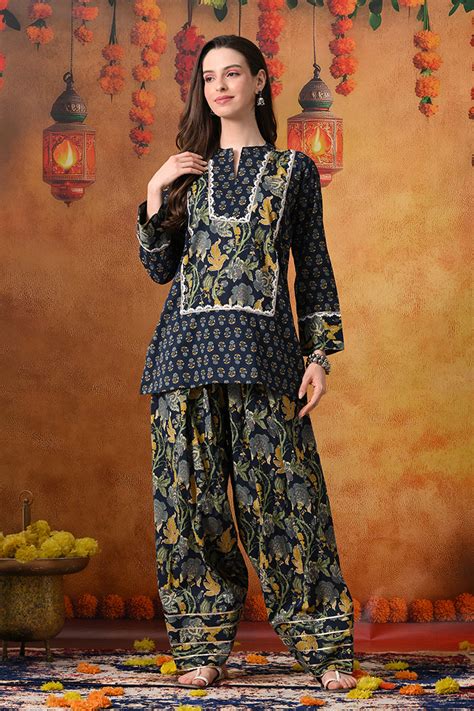 Midnight Blue Gold Cotton Farshi Salwar Suit Set for Women | Ives ...