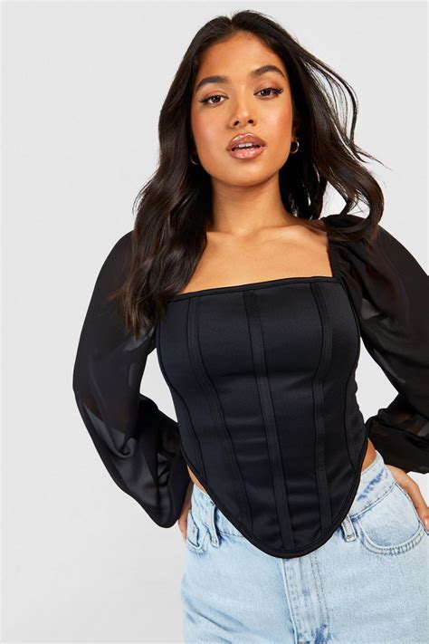 Black Petite Chiffon Puff Sleeve Dipped Hem Corset Top | boohoo UK