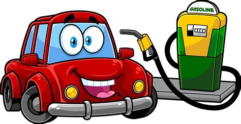 Happy Cute Car Cartoon Character At Gas Station Being Filled With Fuel ...