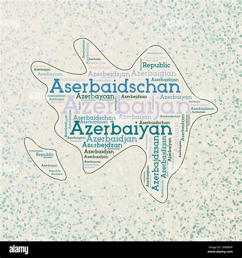 Azerbaijan shape with country names word cloud in multiple languages. Azerbaijan border map on ...