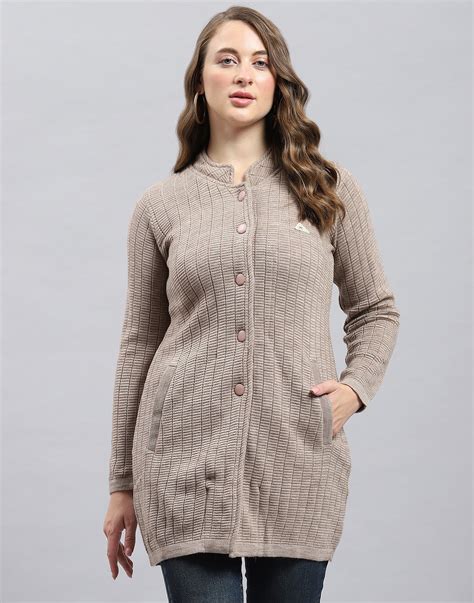 Buy Women Beige Self Design Round Neck Full Sleeve Knitted coat Online ...