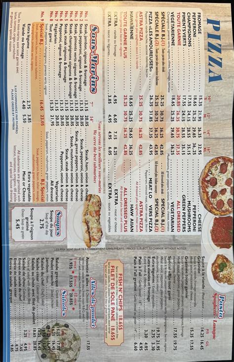 Menu au Restaurant BJ Pizzeria, Sainte-Marthe-sur-le-Lac