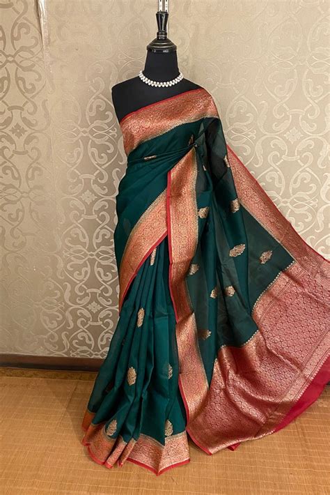 Bottle Green Kora Banarasi Silk Saree, With Unstich Blouse Piece ...