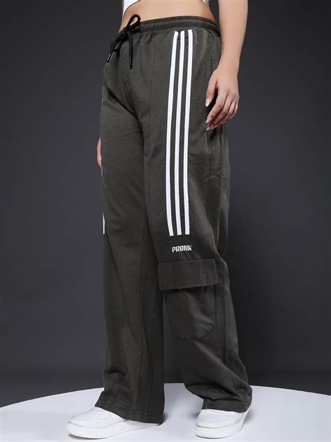 Women Premium Terry Cargo Pants with Side Stripes - Olive Green – pronk.in