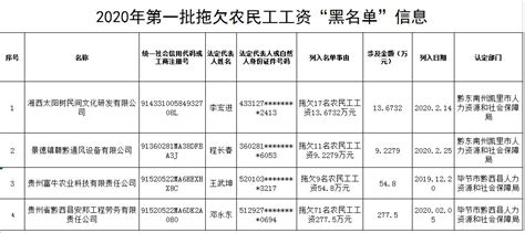 贵州公布2020年第一季度拖欠劳动报酬典型案件及拖欠农民工工资“黑名单”