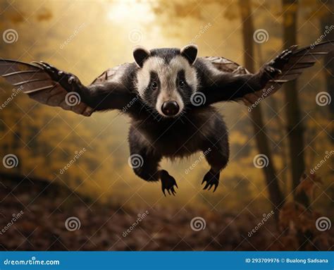 Flying Mammal. Badger In Forest Animal Nature Habitat Germany Europe. Wildlife Scene. Wild ...