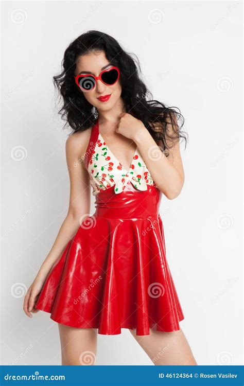 Woman in Red Latex Dress with Sunglasses Stock Photo - Image of lady ...