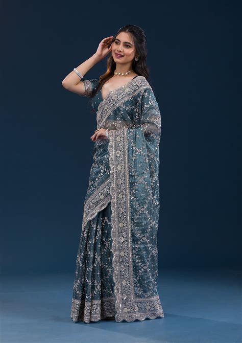 Buy Peacock Blue Zariwork Tissue Saree - Koskii