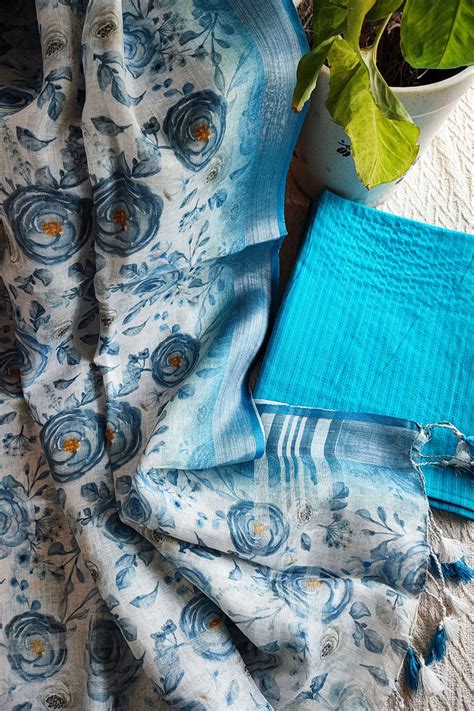 Sky Blue Monochromatic Cotton Kurta with Digital Print Floral Linen Du ...