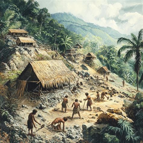 Illustration of a prehistoric settlement with early humans using stone tools and building ...