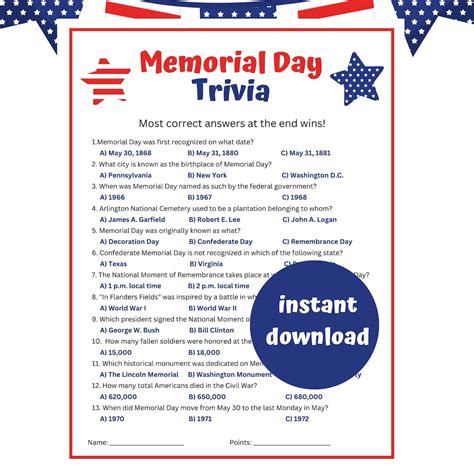 Memorial Day Trivia Game | Printable Memorial Day Party Game ...