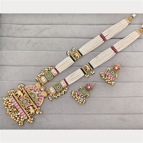 Rajwadi Collection Royal Pota Stone And Pearl Statement Long Necklace ...