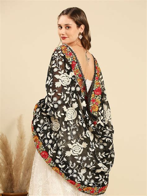 Black Heavily Floral Embroidered Georgette Dupatta – Dupatta Bazaar