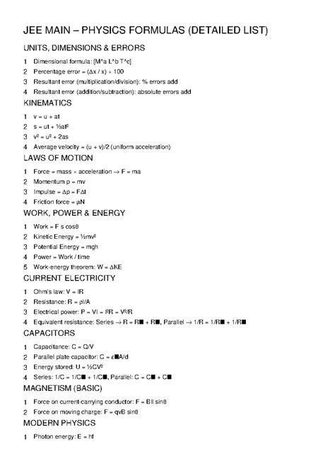 JEE MAIN PHYSICS FORMULAS: DETAILED LIST OF CONCEPTS - Studocu