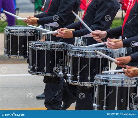 Bass Section of a Marching Band Drum Line Warming Up for a Parade Stock ...