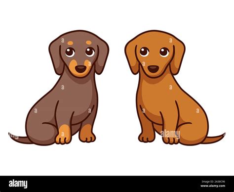 Two cartoon Dachshunds, black and brown. Couple of dogs sitting ...