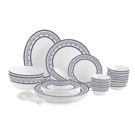 Cello Opalware Solitaire BLU Dinner Set, 33 Pcs, Opal Glass White ...