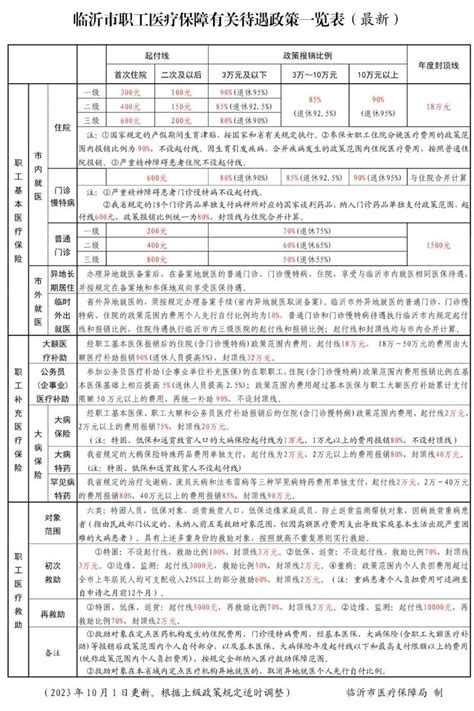 临沂市职工医疗保险待遇政策一览表（2023年10月更新）