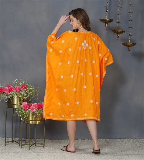 Turmeric Cotton Kaftan with Chikankari Embroidery for Stylish Comfort ...