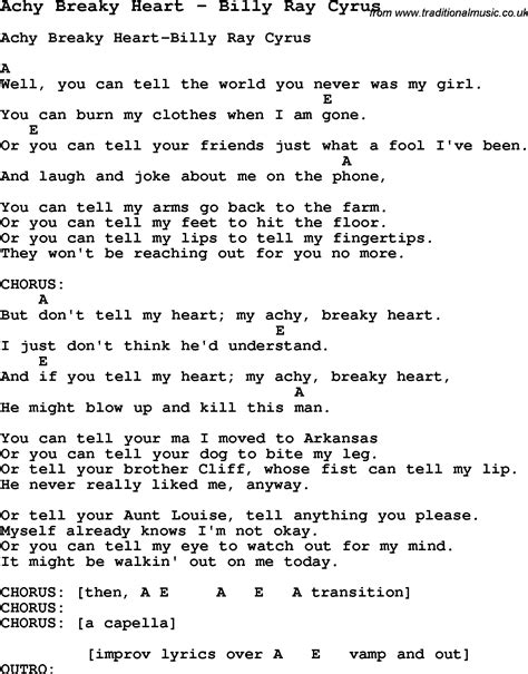 Song Achy Breaky Heart by Billy Ray Cyrus, song lyric for vocal ...