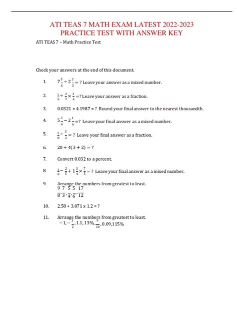 ATI TEAS 7 MATH EXAM LATEST PRACTICE TEST WITH ANSWER KEY - ATI TEAS 7 ...