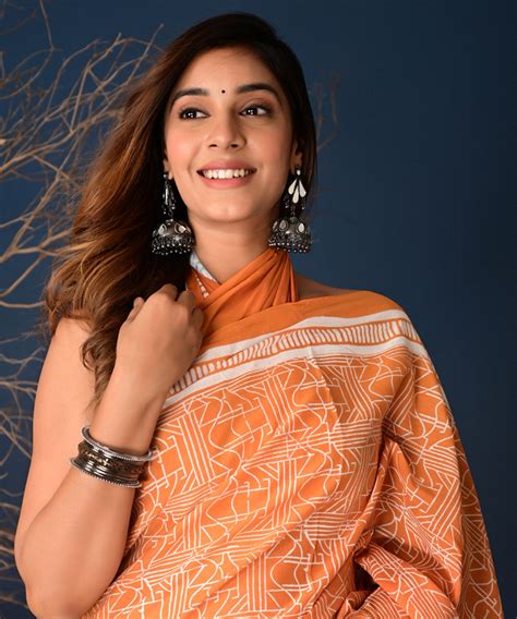 Orange offwhite border Hand Block Printed Cotton Saree – GoCoop