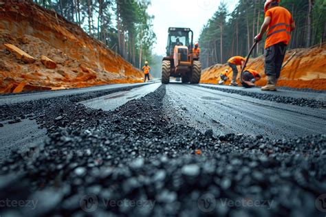 Laying new asphalt road surface. Road workers and road construction ...
