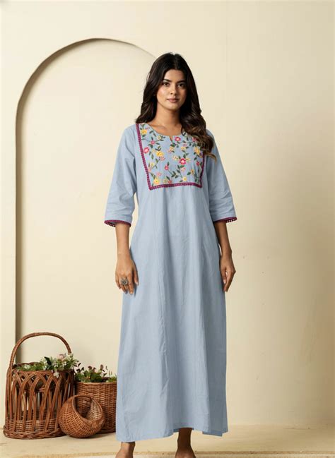 Sky Blue Cotton Premium Embroidered Nighty