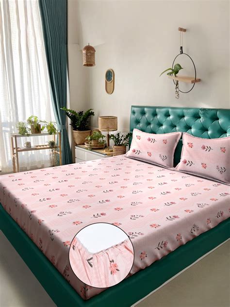 Book Fold Pink Floral 300 TC Cotton Blend Fitted Double Bedsheet with ...