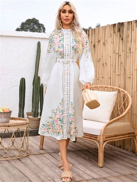 SHEIN VCAY Positioning Color Block Printed Dress With Buckled Belt ...