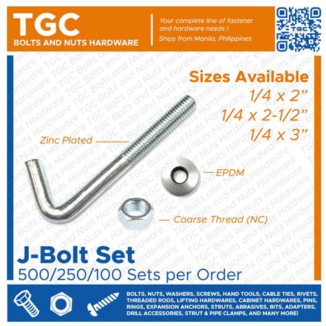 500/250/100 Sets J Bolt 1/4 x 2 | 2-1/2 | 3 with bonded washer and hex nut Galvanized / Roof ...