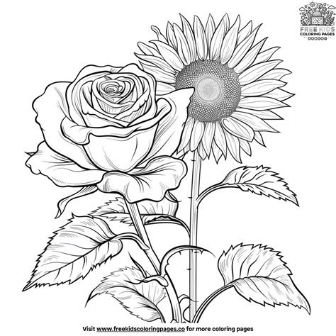 Sunflower And Rose Coloring Page