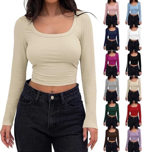 CRAMPLE®Womens Long Sleeve Ribbed Knit Cropped Tops Round Neck Slim ...