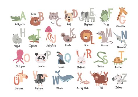 Cute animal alphabet for kids education, flat vector illustration. Zoo ...