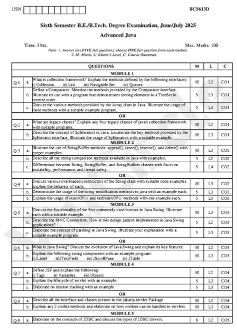 BCS613D Advanced Java Sixth Semester Exam Model Set 1 Paper - Studocu