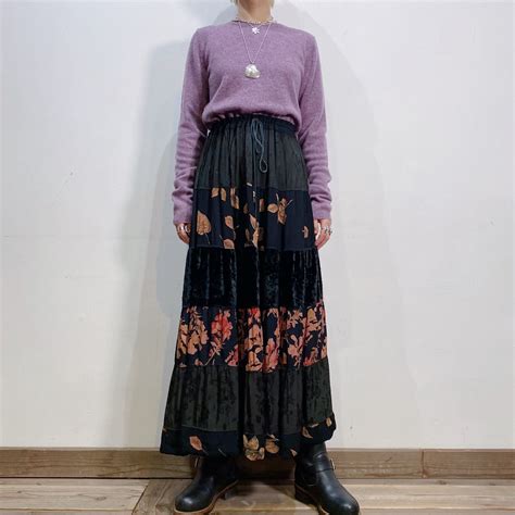 Black and orange flower printed long skirt | LEMON