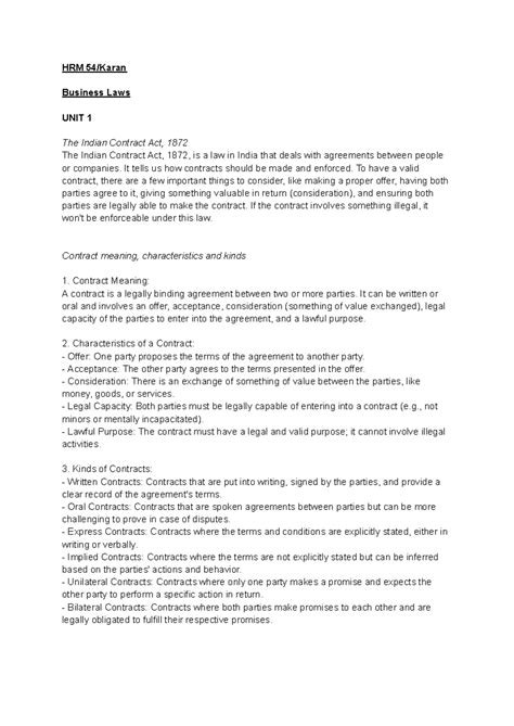 HRM 54 Unit 1: Overview of The Indian Contract Act, 1872 - Studocu